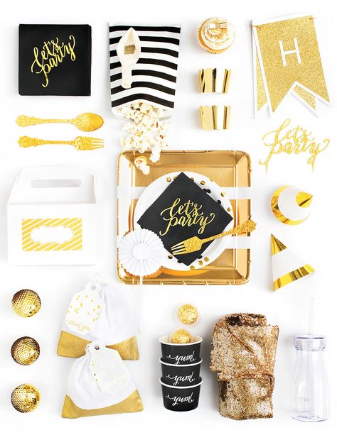 Crated: Stylish Parties, the Easy Way! | Pizzazzerie Black And Gold Party, Birthday Party Box, Movie Wedding, Modern Party, Black Gold Jewelry, Party Kits, Birthday Box, Stylish Party, 40th Birthday Parties