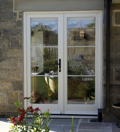 Cream Patio Doors, Victorian Terrace French Doors, Classic French Doors, External French Doors With Side Panels, French Cottage Windows, Patio Doors Victorian House, French Gray Windows, Upvc French Doors Exterior, Cottage Patio Doors