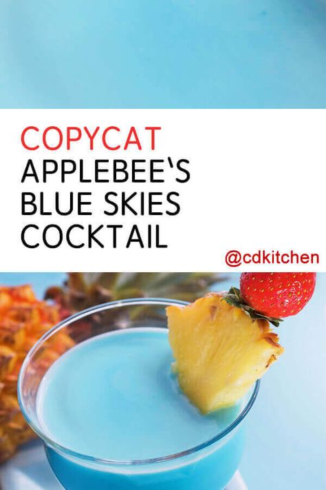 Copycat Applebee's Blue Skies Cocktail - Blue curacao with peach schnapps and pina colada mix makes a gorgeous looking drink that's sure to turn heads. Bonus: it's tasty, too!. Made with peach schnapps, pina colada mix, blue curacao, fresh pineapple | CDKitchen.com Peach Schnapps Drinks, Pina Colada Mix, Copycat Drinks, Curacao Drink, Blue Curacao Drinks, Vodka Slush, Magic Bullet Recipes, Weight Watcher Smoothies, Strawberry Vodka