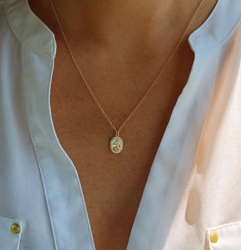 Saint Necklace, St Christopher Necklace, Sideways Initial Necklace, St Christopher Pendant, Dainty Initial Necklace, Tarnished Jewelry, St Christopher, Oval Necklace, Gold Filled Necklace