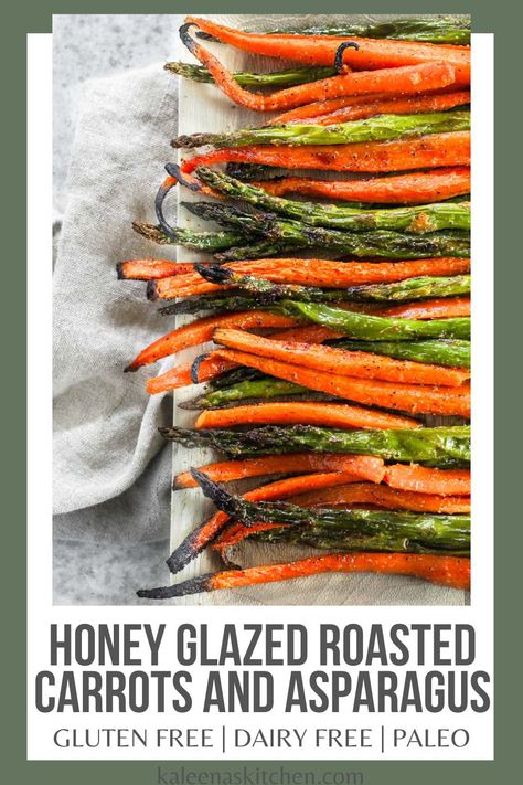 In need of a simple side dish? This honey glazed roasted carrots and asparagus recipe is an easy but delicious side dish perfect for any occasion. Glazed Asparagus Recipes, Honey Roasted Asparagus, Carrots Asparagus Roasted, Roasted Carrots And Asparagus Recipes, Asparagus And Carrots Recipes, Roast Asparagus In Oven, Roasted Carrotts, Roasted Carrots And Asparagus, Carrots And Asparagus