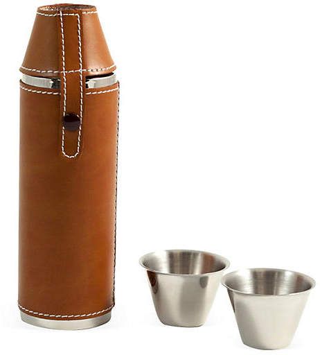 One Kings Lane Leather 10 oz Flask with Cups - Saddle Bar Tool Set, Flask Set, Leather Flask, Saddle Brown, Classic Brown, Stainless Steel Cups, Perfect Gift For Him, Shoe Gifts, Leather Wraps