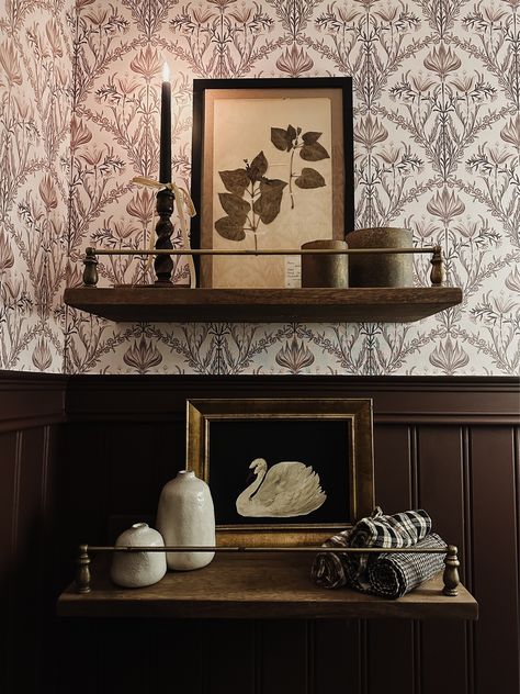 Townsend Harbor Brown, Shelves Above The Toilet, Bonnie Ryan, Moody Bathroom, Dark Paint Colors, Ryan Homes, Builder Grade, Diy Bathroom Remodel, Half Bathroom