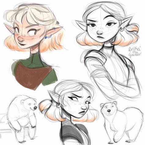 Some of my early sketches of my Tav, Elora! She’s a wood elf circle of the moon druid! 🍃🐻🌙 I remember when I first started playing baldur’s gate 3 I was very skeptical if I was going to like it because I’d never played a game like this before. I very specifically remember the moments where I started to love the game. Turning into a polar bear and finding out I could sit in little chairs was one of those moments where I was like ‘wow I can’t believe I can do this, this is hilarious’. After th... Elf Cartoon Drawing, Animation Character Design, Simple Character Design, Elf Drawing, Elf Cartoon, Elf Drawings, Drawing Face Expressions, Caracter Design, Elf Druid