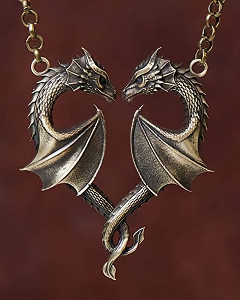 Necklace For Couples, Love Dragon, Wings Jewelry, Fantasy Pendant, Dragon Heart, Silver Dragon Necklace, Celtic Dragon, Wing Jewelry, Double Dragon