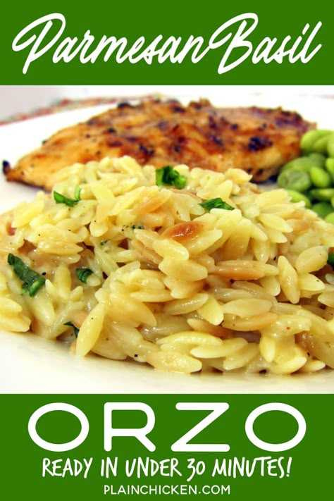 Parmesan Basil Orzo – toss the box and make this delicious side dish! Orzo, chicken broth, basil, butter, garlic, and parmesan cheese – ready in under 30 minutes. Toss in some leftover pork, chicken, or beef for an easy main dish! #pasta #orzo #sidedish Cinnamon Apple French Toast, Orzo Recipes Side, Basil Orzo, Apple French Toast Casserole, Chicken Basil, Basil Butter, Pasta Orzo, Orzo Dishes, Apple French Toast