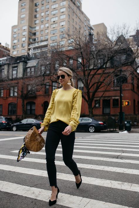 Yellow Ruffle Blouse | Chic Transitional Spring Outfit Idea Yellow Blouse Outfit Work, Yellow Top Outfit Work, Yellow Blouse Outfit, Blouse Outfit Work, Light Summer Outfits, Yellow Top Outfit, Styled Snapshots, Spring Outfit Idea, Spring Fun