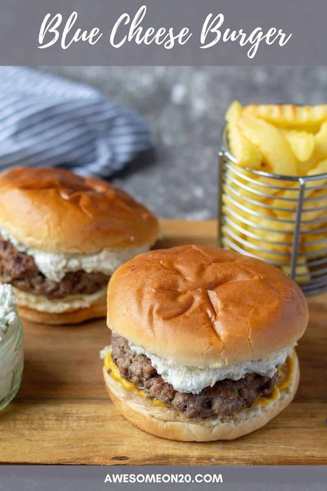 This Blue Cheese Burger is made with a creamy blue cheese spread to give you a punch of funky flavor without blowing you away. It's gonna be a hit at the next barbecue for sure. #burgerrecipe #bluecheese #grillingrecipe Blue Cheese Spread, Homemade Burger Patties, Blue Cheese Burger, Bubble Bread, Blue Cheese Burgers, Chopped Steak, Cheese Buns, Burger Toppings, Creative Recipes