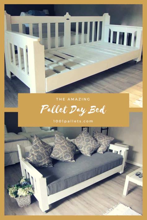 Day pallet bed for our guest house made with recycled wooden pallets and then white painted it.    #Bedroom, #LivingRoom, #PalletBed, #PalletFurniture, #PalletLounge, #RecyclingWoodPallets #DIYPalletBed,PalletHeadboardFrame Palate Projects, Pallet Bed Headboard, Terrace Lounge, Pallet Daybed, Diy Lounge, Recycling Projects, Pallet Lounge, Reuse Ideas, Diy Daybed