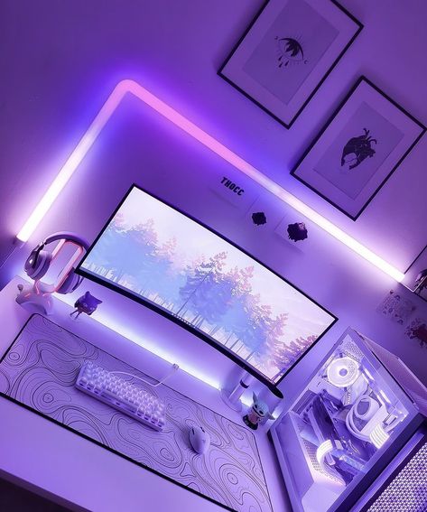 Neon Room Ideas, Gaming Studio, Games Room Inspiration, Dream Setup, Gaming Aesthetic, Bedroom Gaming, Purple Games, Gaming Rooms, Gaming Desk Setup