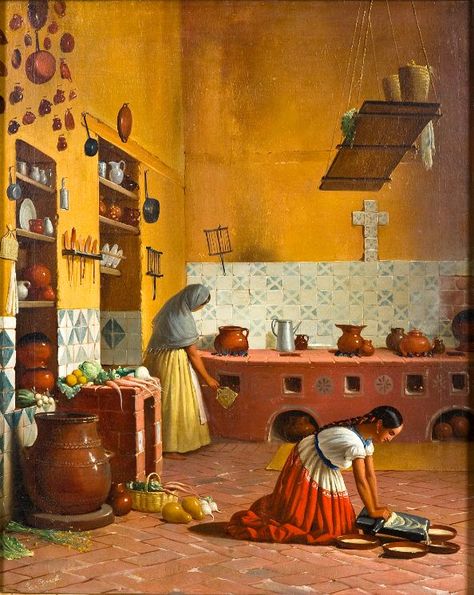 Mexico Kitchen, Women At Work, Mexican Artwork, Mexican Paintings, Kitchen Painting, Mexican Kitchen, Mexican Culture Art, Mexican Kitchens, Mexican Home Decor