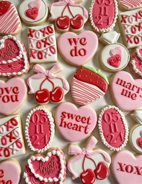 Cherry Wedding Cookies, Pink And Red Cookies, Valentines Theme Party For Kids, Sweetheart Party Theme, Galentines Party Cookies, Rom Com Themed Party, Vintage Valentines Day Aesthetic, Valentine’s Day Engagement Party, Valentine Bachelorette Party