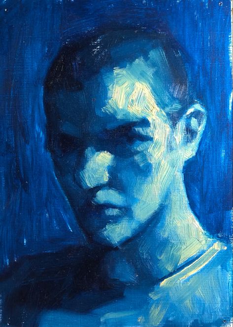 Monochrome Oil Painting Portrait, Blue Person Painting, Blue Oil Pastel Art, Face Portrait Painting Acrylic, Monochrome Oil Painting, Portrait Art Male, Monochromatic Oil Painting, Monochromic Paintings, Unique Portrait Art Creative