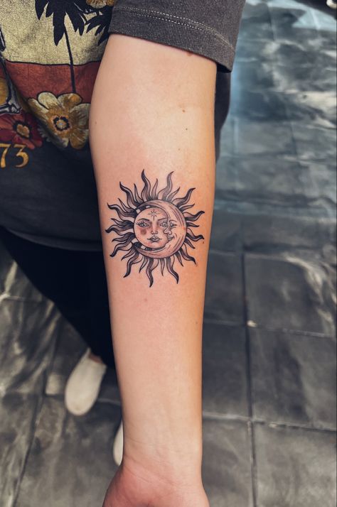 Half Sun Half Moon Matching Tattoo, Sun Moon Forearm Tattoo, Sun And Moon Tattoo Shaded, Sun And Moon Tattoo Forearm, Mexican Sun And Moon Tattoo, Sun Cover Up Tattoo, Sun And Moon Wrist Tattoo, Sun Forearm Tattoo, Moon Forearm Tattoo