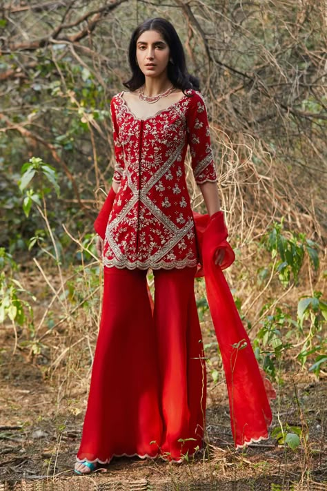 Peplum With Sharara, Red Sharara, Sharara Designs, Traditional Indian Dress, Salwar Kamiz, Dresses Traditional, Indian Dresses Traditional, Indian Gowns Dresses, Traditional Indian Outfits