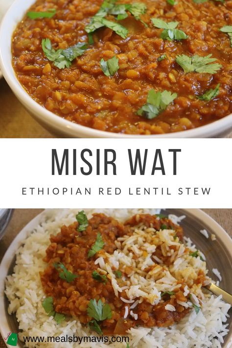 Misir wat is a delicious and nutritious  Ethiopian red lentil stew. It uses simple ingredients and is a great meal to have on your weeknight dinner rotation. Red Stew, Ethiopian Lentils, Red Lentil Stew, Ethiopian Recipes, Ethiopian Cuisine, Ethiopian Food, Lentil Stew, Lebanese Recipes, Lentil Recipes