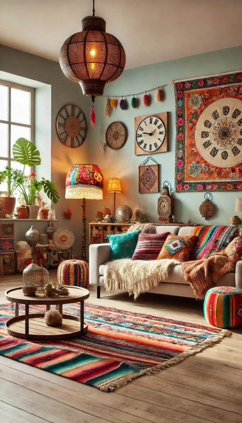 Vibrant Boho Living Room, Sitting Room Makeover, Colorful Boho Living Room Inspiration, Boho Country Living Room, Boho Basement Ideas, Cozy Living Rooms Apartment Small Spaces, Boho Apartment Living Room, Boho Colorful Living Room, Colorful Boho Living Room