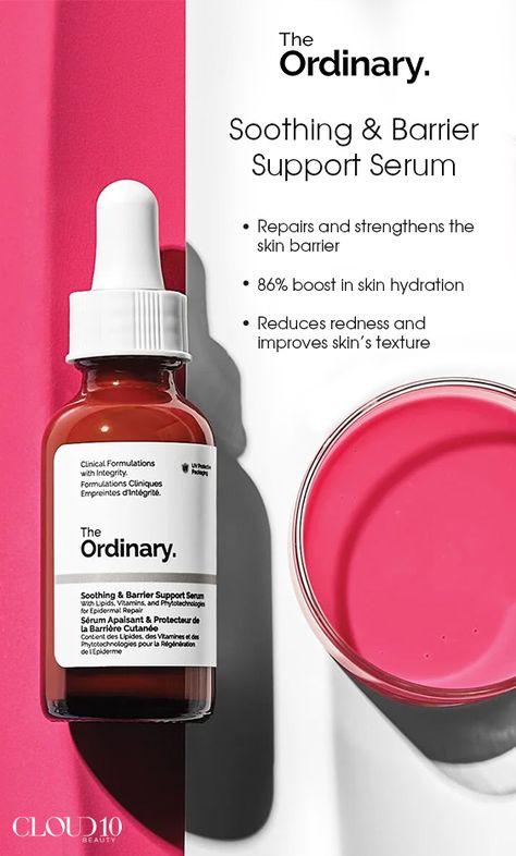 Strengthen and hydrate your skin with The Ordinary Soothing & Barrier Support serum that reduces redness and leaves your skin with a smoother, more even texture. This multi-active serum is designed to target barrier support and the appearance of irritated skin. Ideal for all skin types. #CLOUD10BEAUTY Ordinary Barrier Serum, The Ordinary Soothing Barrier, Soothing Face Mask, Good Dye Young, Dream Makeup, The Ordinary Skincare, Hair Oil Serum, Facial Peel, Body Sunscreen