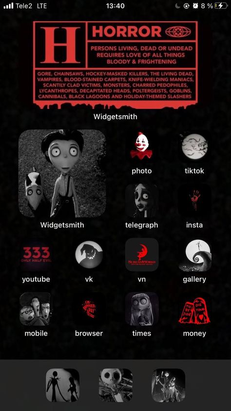 Phone Theme Ideas Red And Black, Tim Burton Phone Theme, Halloween Phone Theme Ideas, Scream Phone Theme, Horror Phone Theme, Gothic Phone Theme, Emo Phone Theme, Goth Phone Theme, Phone Theme Ideas