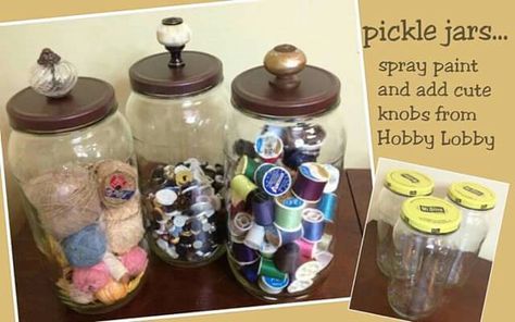 Large Pickle Jars Repurposed, Pickle Jars Repurposed, Large Pickle Jar Ideas, Pickle Jar Crafts, Repurposed Jars, Crafts With Glass Jars, Craft Supply Storage, Pickle Jar, Repurposed Art