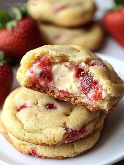 Strawberry Cheesecake Stuffed Cookies - Soft & Fruity Dessert - Recipes By Clare Jelly Stuffed Cookies, Strawberry No Bake Cookies, Strawberry Cheesecake Thumbprint Cookies, Baking Ideas For Valentines Day, Strawberry Desserts Christmas, Easy Strawberry Cookies, Cheesecake Stuffed Churro Cookies, Cookies With Strawberry Jam, Cream Cheese Chipits Recipes