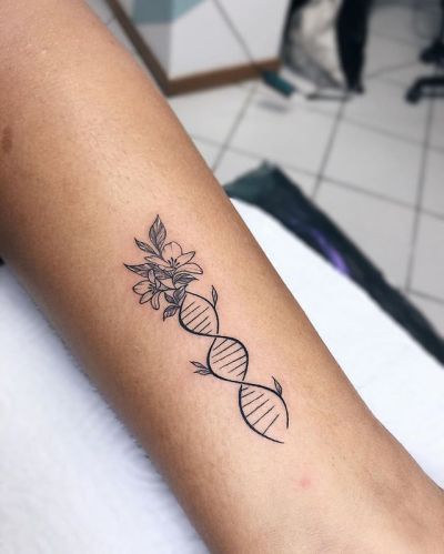 Dna Nature Tattoo, Tattoo Ideas Medicine, Dainty Dna Tattoo, Floral Dna Tattoo, Dna Tattoo Family, Dna Drawing Art, Celiac Tattoo, Dna Strand Tattoo, Laboratory Tattoo