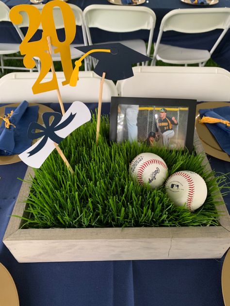 Sports Hall Of Fame Party Ideas, Graduation Open House Centerpieces, Tennis Graduation Party Ideas, Grad Party Table Decorations Graduation Centerpiece, Boys Graduation Centerpiece Ideas, High School Graduation Centerpieces Boys, Baseball Senior Table Ideas, Project Graduation Ideas, Baseball Theme Graduation Party Ideas