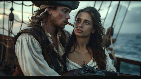 Cinematic-Epic Scene: Pirate and Pirate Woman on Deck Pirate Couple Aesthetic, Princess X Pirate, Pirates And Princesses, Pirate Romance, Historical Pirate Women, Female Pirates In History, Pirates Of The Caribbean Stills, Inspirational Digital Art, Photography Movies