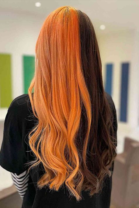 Halloween-Inspired Split Hair Dye Copper Split Dye Hair, Long Split Dyed Hair, Split Dye Orange, Brown And Black Split Dye, Split Dye Ideas, Ginger Split Dye, Split Hair Dye Ideas, Halloween Hair Dye, Split Hair Dye