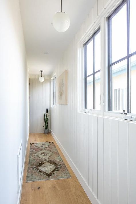 Shiplap Hallway, Cottage Foyer, Dark Stained Wood Floors, Shiplap Trim, Cottage Hallway, Hallway Design Ideas, Rustic Shiplap, Staining Wood Floors, Vertical Shiplap