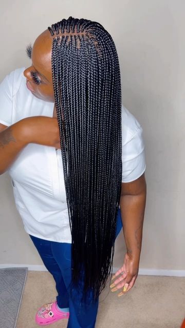 Box Braids Hairstyles Small Long, Small Box Braids With Knots, Extra Small Box Braids Long, Small Box Braids Black Women, Small Waist Length Box Braids, Box Braids Small Long, Small Box Braids Hairstyles For Black Women, Small Individual Braids For Black Women, Black Small Box Braids