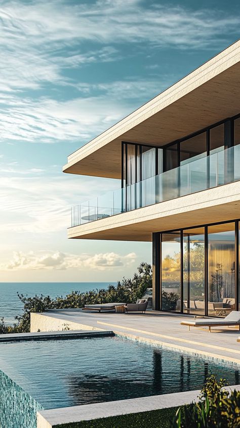 Title: Contemporary beachfront house with ocean-facing glass walls Beachfront House, Coastal Living, Ocean View, Glass Wall, Beach House, House Interior, Architecture, Home Decor, Design