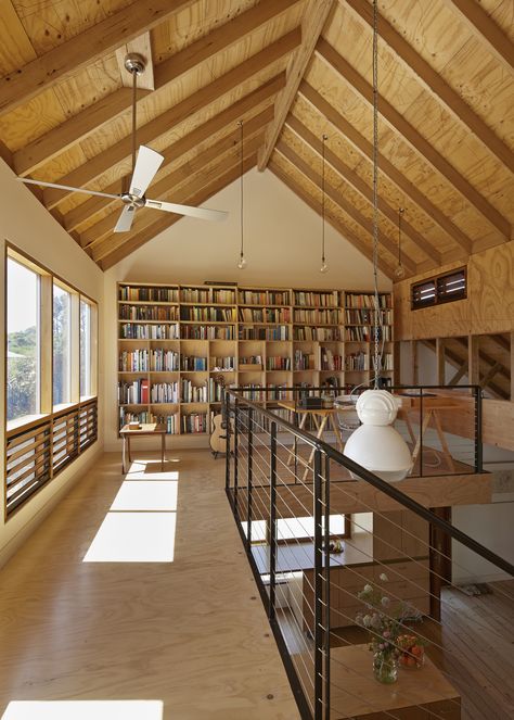 Plywood Ceiling, Exposed Rafters, Vintage Ceiling Lights, Home Library Design, Library Design, Farmhouse Homes, Home Library, Creative Home, Home Interior