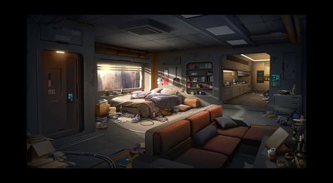 ArtStation - Sci-Fi Apartment, Raul Rosell Sci Fi Room Concept Art, Scifi Apartment, Apartment Concept Art, Sci Fi Apartment, Sci Fi Bedroom, Sci Fi Rooms, Scifi Room, Futuristic Apartment, Cyberpunk Apartment