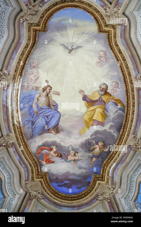 Download this stock image: Saint-Grat church.  Ceiling painting.  Holy Trinity. The Father, Jesus and Holy Spirit.  Valgrisenche. Italy. - M90WA6 from Alamy's library of millions of high resolution stock photos, illustrations and vectors. Church Ceiling, Ceiling Painting, Painting Wallpaper, Holy Trinity, Dark Ages, The Father, Holy Spirit, Jesus Christ, High Resolution