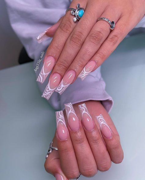 Abstract French Tip Nails, Abstract French Nails, French Acrylics, 2022 Nails, Designer Nails, Acrylic Nails Coffin Pink, Nail Sets, Long Acrylic, Tip Nails