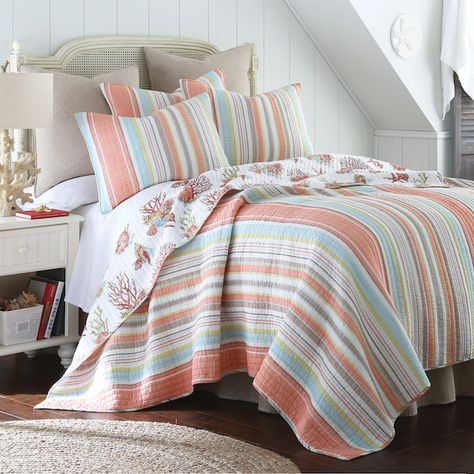 Brighton Coral Reversible Quilt Set Coral Quilt, Stripe Bedding, Coastal Bedding, King Quilt Sets, Cotton Quilt Set, Striped Quilt, Coastal Bedrooms, Coastal Bedroom, Beach Cottage Style