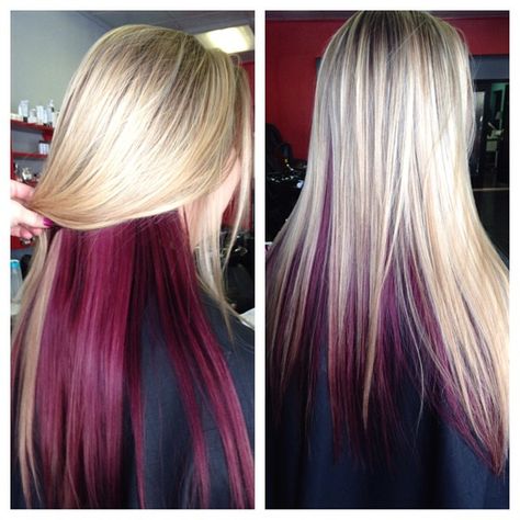 #purplepeekaboos #paulmitchell #blonde Raspberry And Blonde Hair, Blonde And Burgandy Hair, Hairdo Ideas, Mom Hair, Hair Color Underneath, Peekaboo Hair, Hair Color Streaks, Hair Color Burgundy, Dye Ideas