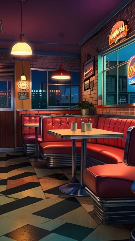 Wallpapers Vintage Retro 1950s, 90s Restaurant Aesthetic, Diner Illustration, 80s Diner, Diner Art, Future Restaurant, Diner Aesthetic, 1950s Diner, Restaurant Background