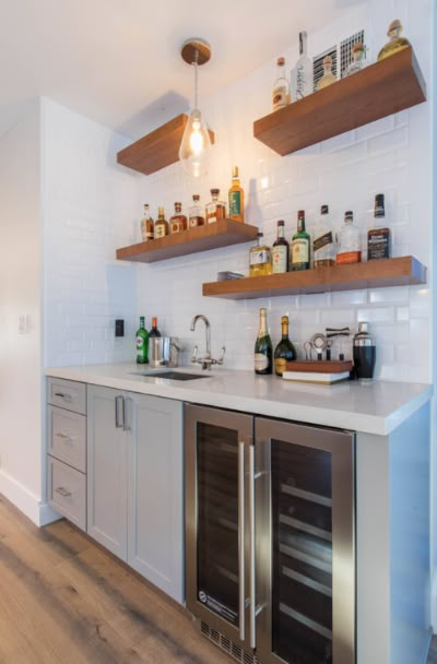 63 Home Wet Bar Design Ideas | Sebring Design Build Bar With Floating Shelves, Wet Bar Design, Basement Wet Bar, Wet Bar Designs, Bar Design Ideas, Bar Nook, Home Wet Bar, Secret Bar, Home Bar Rooms