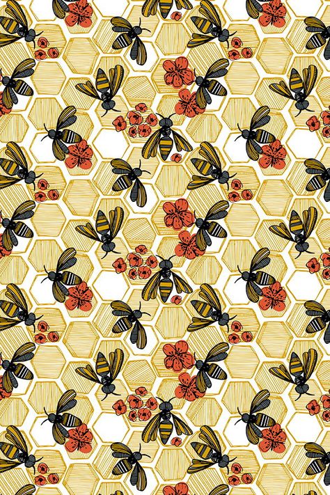 Bee Hexagon, Wallpaper Minimal, Flower Print Pattern, Wallpaper Accent Wall, Orange Wallpaper, Trendy Flowers, Trendy Wallpaper, Honey Bees, Art And Illustration