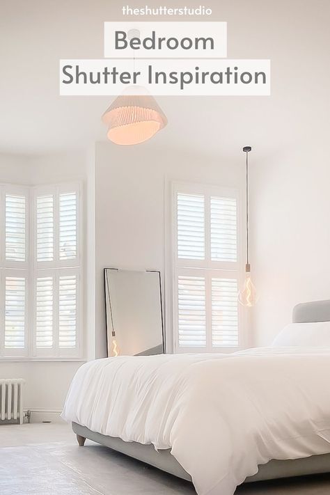 Shutter Blinds Bedroom, Window Shutters Bedroom, Shutters Bedroom, Bedroom Shutters, Bay Window Shutters, Room Darkening Blinds, Indoor Shutters, White Shutters, Bedroom Blinds