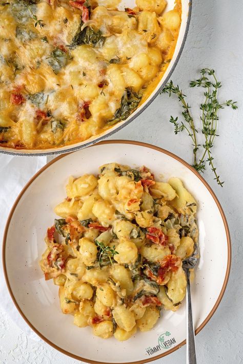 Creamy Baked Gnocchi — The Yummy Vegan Vegan Sheet Pan Gnocchi, Vegan Baked Gnocchi, Vegan Gnocchi Bake, Gnocchi Tray Bake, Vegan Gnocchi Recipes, Veggie Gnocchi, Vegan Gnocchi, Gnocchi Bake, Grain Dishes