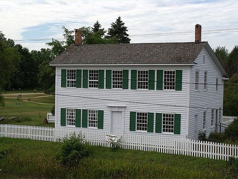 Two story white building with green shutters on the windows. A white picket fence surrounds the site. Modest Farmhouse, Federal Architecture, Monroe Michigan, Map Of Michigan, Take Five, Travel Route, Historic Places, Great Lakes, Historical Sites