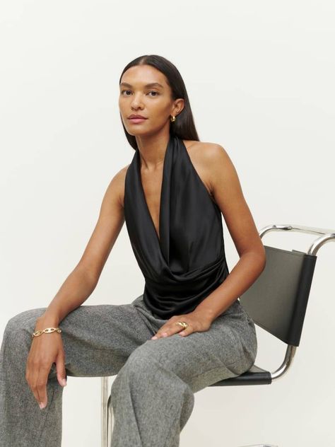 The Y2K Draped Top Trend Is Coming Back With a Vengeance | Who What Wear UK Halter Neck Top Outfit, Silk Top Outfit, Halter Tops Outfit, Silk Halter Top, Cowl Top, Black Halter Top, Silk Outfit, Backless Top, Cowl Neck Top