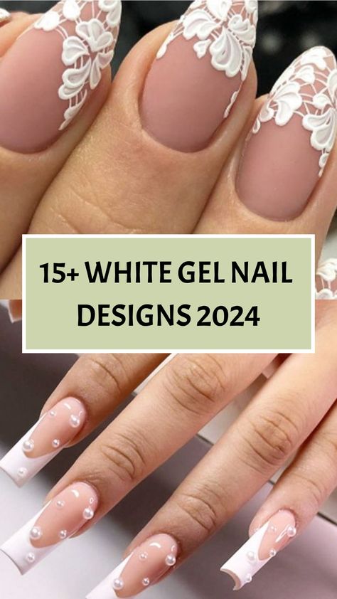 15+ White Gel Nail Designs 2024 White Flower Wedding Nails, Embossed Nails Design, Bridal Nails Floral, Wedding Nails Floral, White Gel Nail Designs, Floral Wedding Nails, Oct Nails, White Floral Nails, White Flower Nail Art