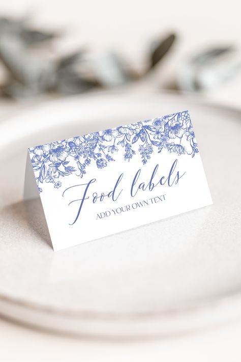 Blue Floral Food Labels, Blue Vintage Floral Food Tent Cards, Victorian Blue Folded Food Cards Food Tags Blue Floral Buffet Card Template B3 Buffet Label Ideas, Wedding Food Labels, Food Tags For Buffet, Blue Food Labels, Blue Bridal Shower Themes, Blue Floral Napkins Wedding, Placemat Ideas, Floral Food, Buffet Labels