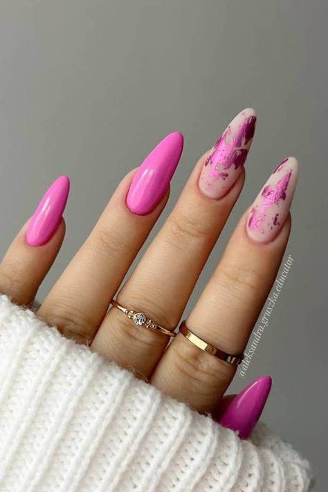 Glitter Nails Acrylic Designs, Red And Hot Pink Nails, Hot Pink Nail Art Designs Glitter, Pink Nails Glam, Magenta Pink Nails Design, Pink Nail Art Designs Glitter, Magenta Glitter Nails, Pink Glitter Valentines Nails, Hot Pink Holiday Nails