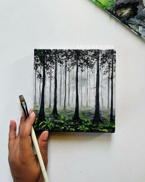 Full process Timelapse available for subscribers🍃 Up for sale. Acrylic paints on stretched canvas. [misty, forest, nature, landscape, art, acrylic painting, gouache, artist, Instagram] #aesthetic #green #naturelovers #forest #acrylicpainting #painting #canvas Fantasy Forest Painting, Forest Painting Acrylic, Landscape Art Acrylic, Nature Landscape Art, Painting Forest, Scenery Painting, Painting Gouache, Scenery Paintings, Artist Instagram