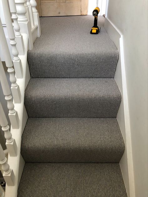 Grey Striped Stair Carpet Installation in Putney Striped Stair Carpet Ideas, Grey Striped Stair Carpet, Dark Grey Carpet Stairs, Black And White Carpet Stairs, Stair Carpet Ideas Grey, Striped Stair Carpet, Stair Carpet Ideas Colour, Entry Staircase Ideas, Townhome Kitchen